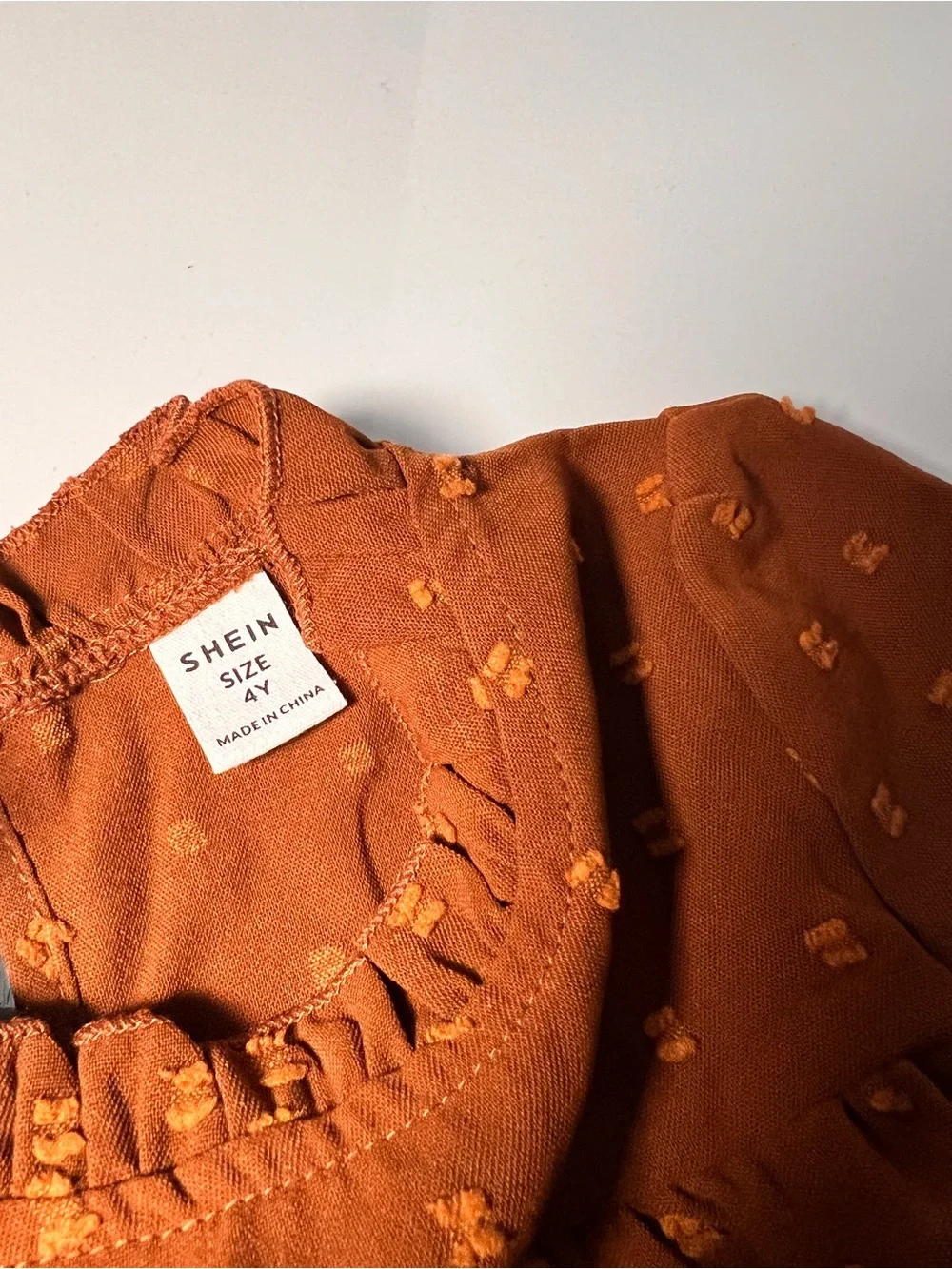 SHEIN Girls Long-Sleeve Ruffle Yoke Dress in Rust